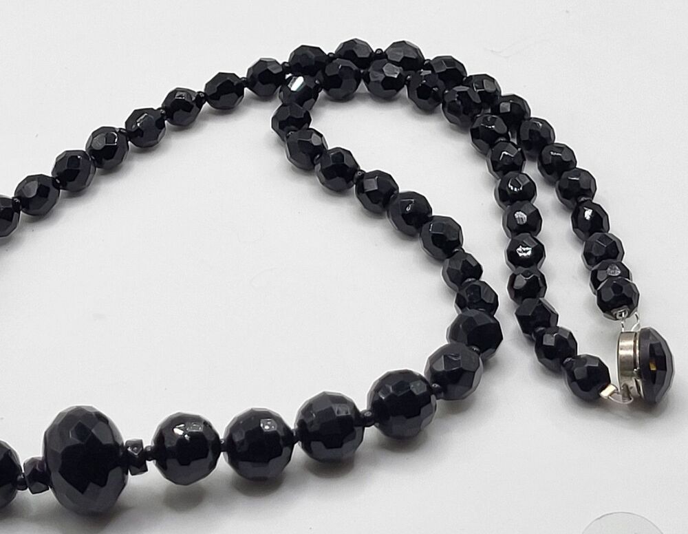 Made in Czechoslovakia French Jet Graduated Black Faceted Bead Necklace 24in